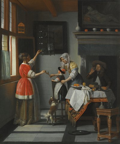 Interno con bambino che nutre un pappagallo da Pieter de Hooch